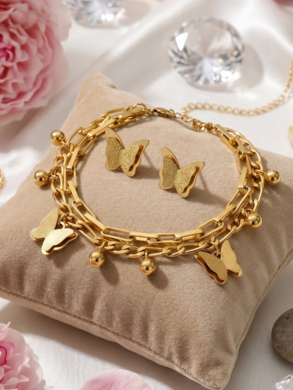 Butterfly Jewelry Set Bracelet Earrings 18K Gold Plated Stainless Steel